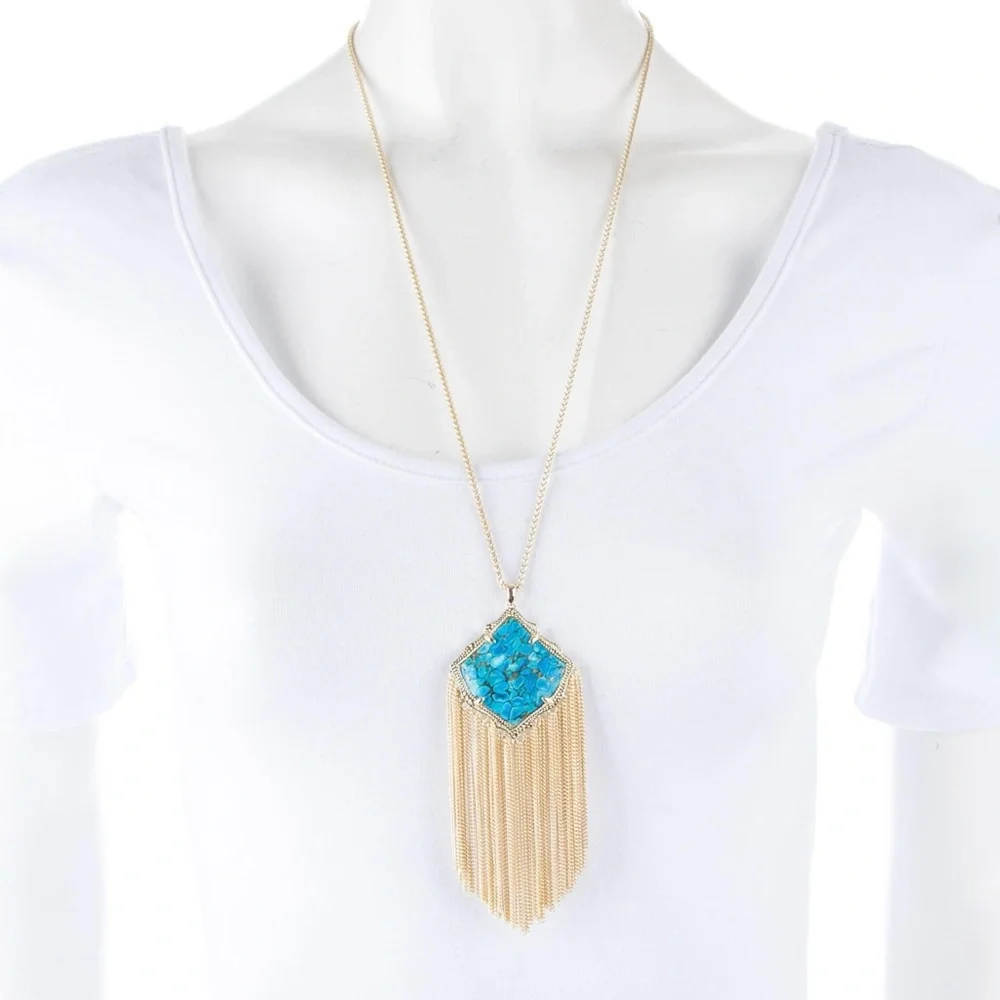 KENDRA SCOTT Kingston Gold Necklace w Turquoise  Stone Tassel Chain Pendant - Picture 2 of 12